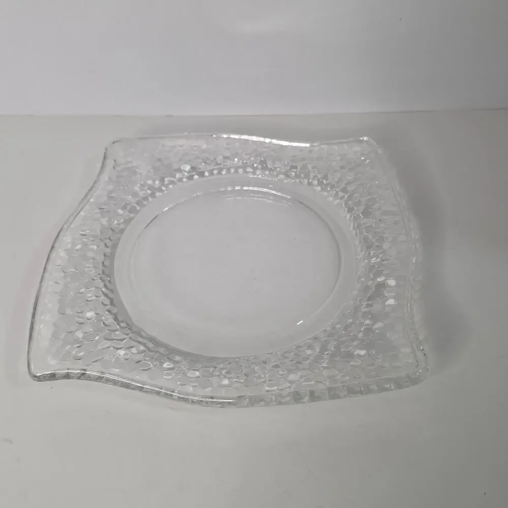 Clear Glass Square Salad Dessert Plate Hammered Pebble Texture Wavy Edge